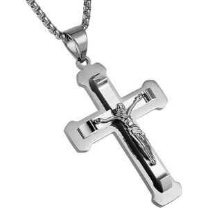 Silver Jesus Steel Necklace Silver Multicolor Cross, 22 + 2 Inch Chain